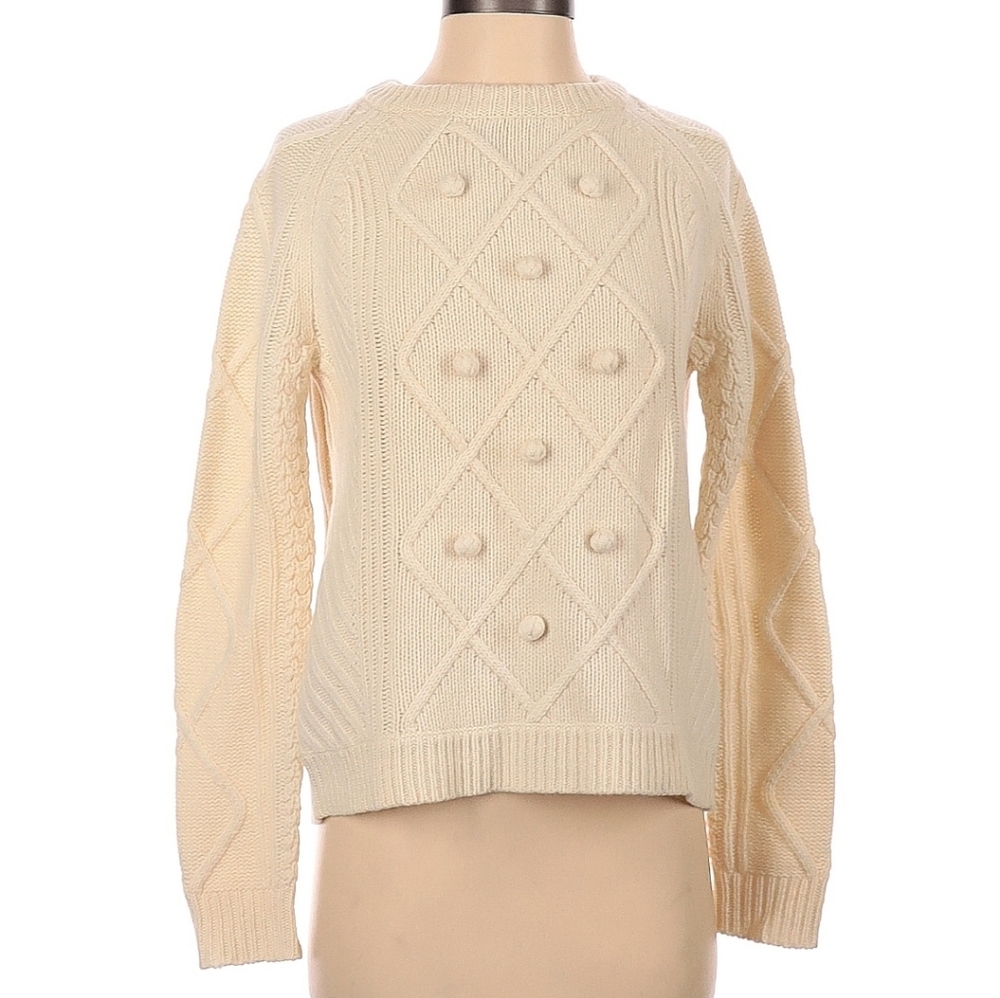 J Crew Wool Pullover Long Sleeve Cable Knit Crew Neck Sweater Ivory Xs